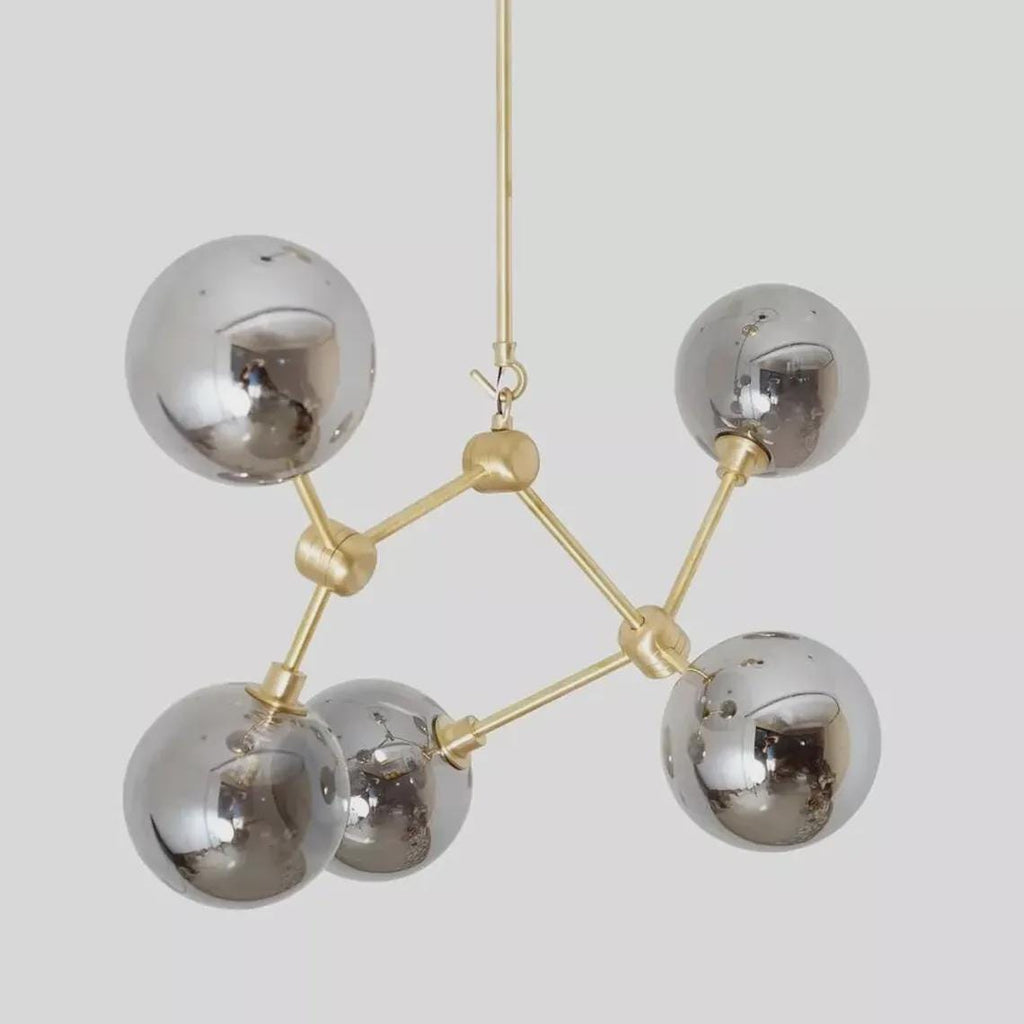 5 Globe Sputnik Chandelier: Mid-Century Brushed Brass Light Fixture