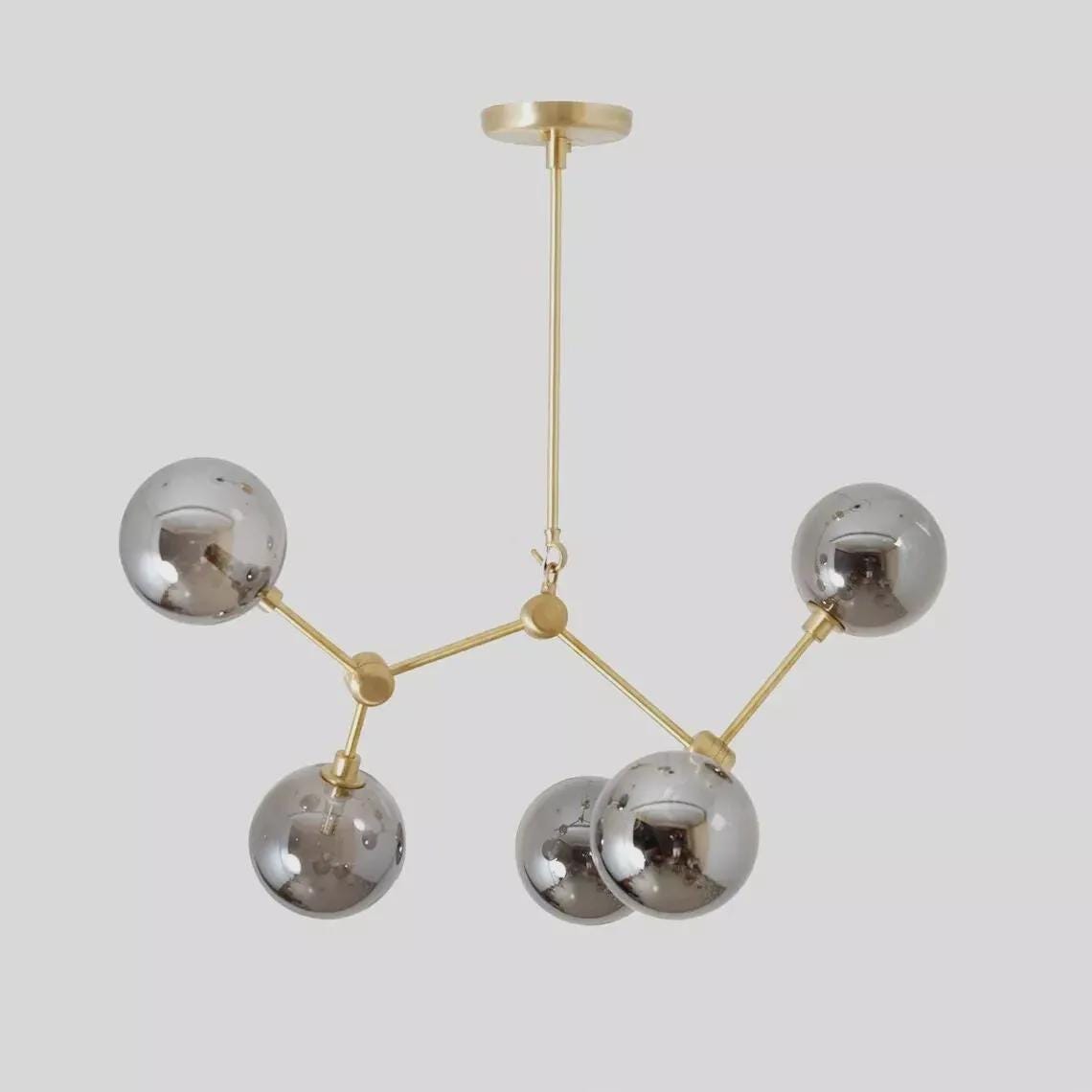 5 Globe Sputnik Chandelier: Mid-Century Brushed Brass Light Fixture