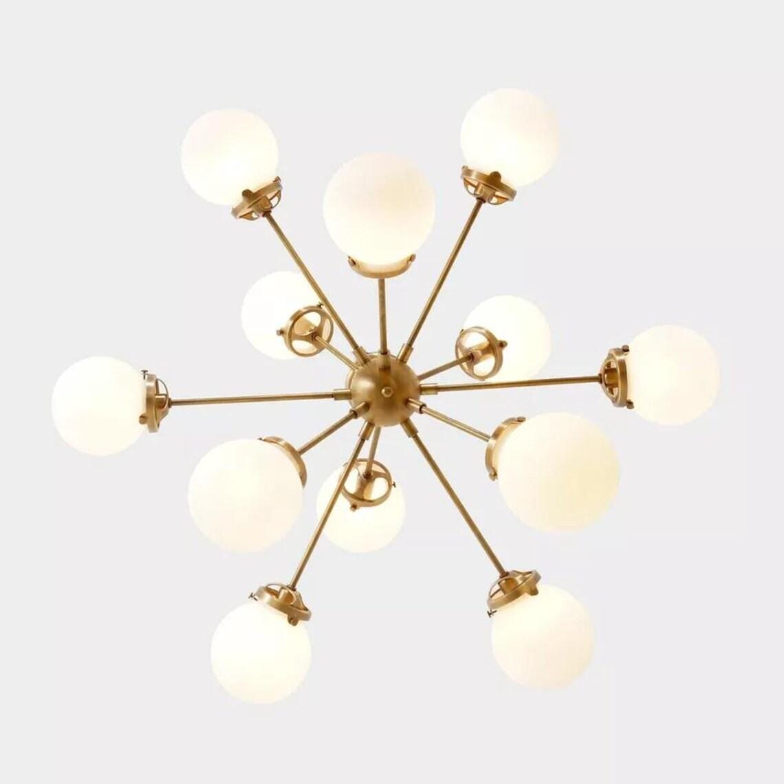 Mid Century Sputnik Chandelier: 12 Globe, Raw Brass Finish