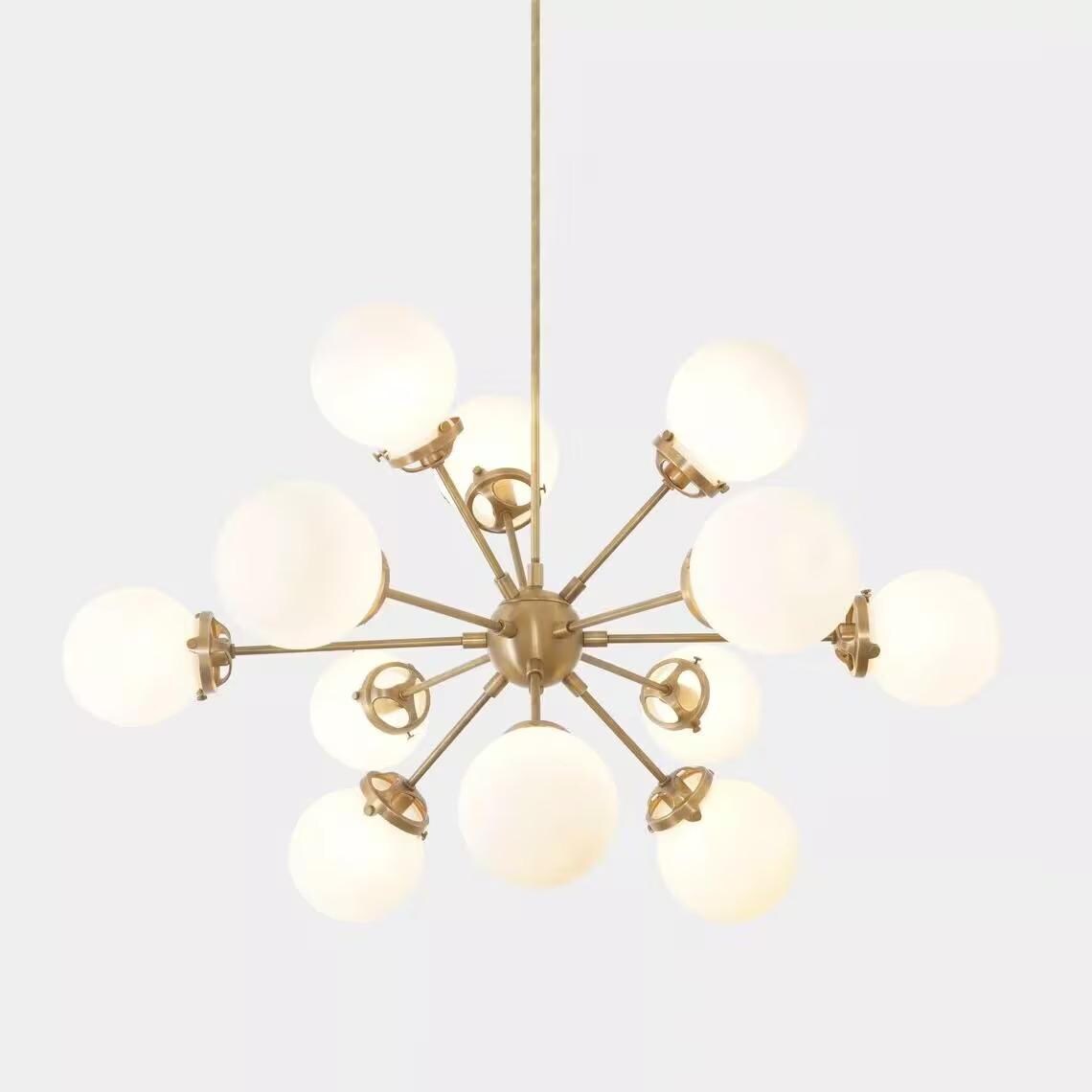 Mid Century Sputnik Chandelier: 12 Globe, Raw Brass Finish