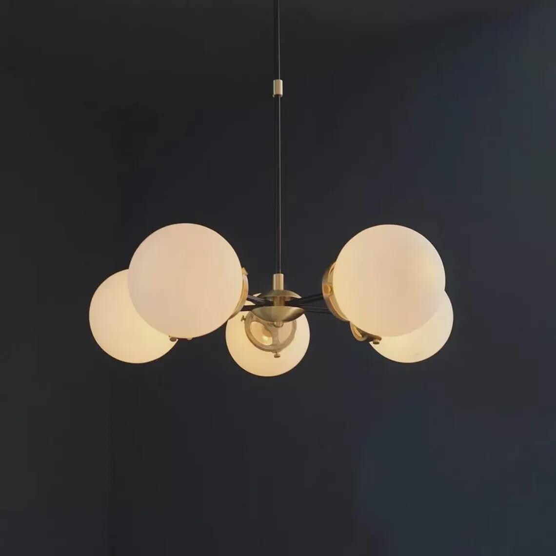 Mid Century Brass Sputnik Chandelier with 5 White Glass Globes