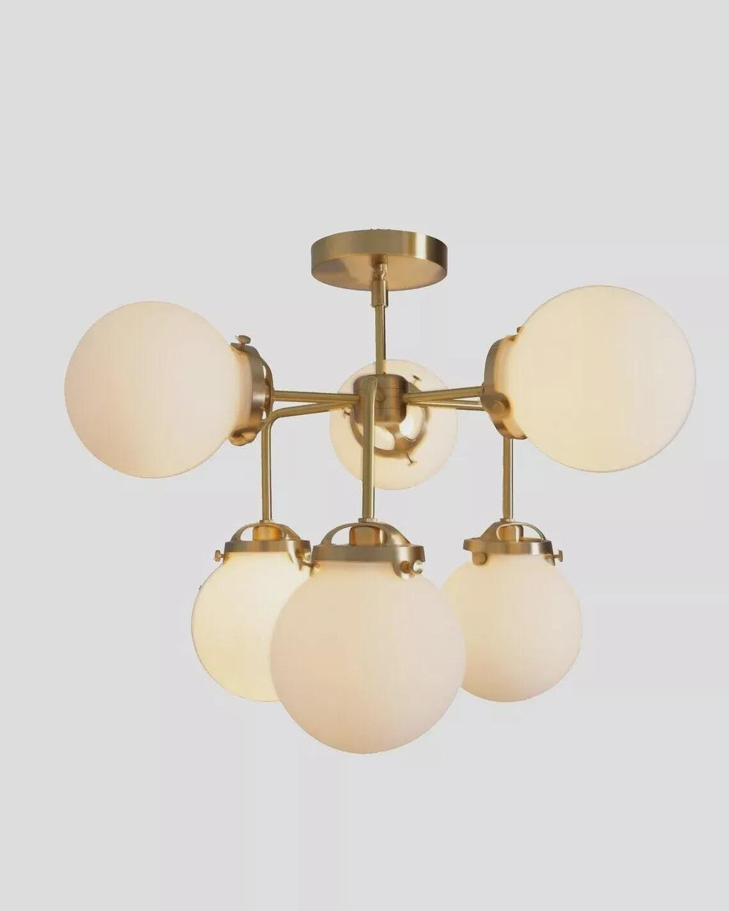 Mid-Century Sputnik Chandelier: Raw Brass, Opal Glass, 6-Light