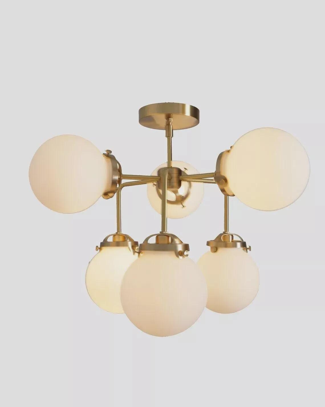 Mid-Century Sputnik Chandelier: Raw Brass, Opal Glass, 6-Light