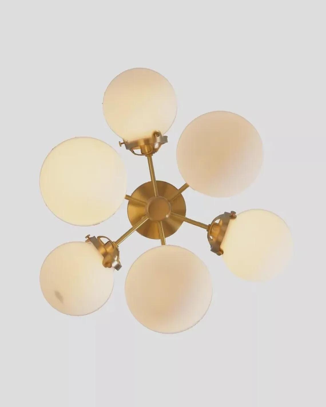 Mid-Century Sputnik Chandelier: Raw Brass, Opal Glass, 6-Light