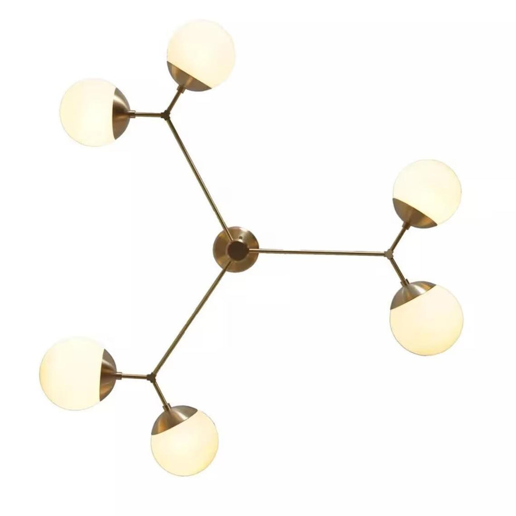 Sputnik Chandelier: Mid-Century Modern, 6-Light Glass Globe, Raw Brass