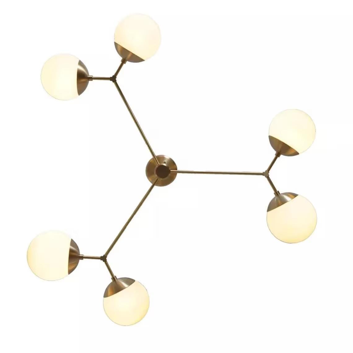 Sputnik Chandelier: Mid-Century Modern, 6-Light Glass Globe, Raw Brass