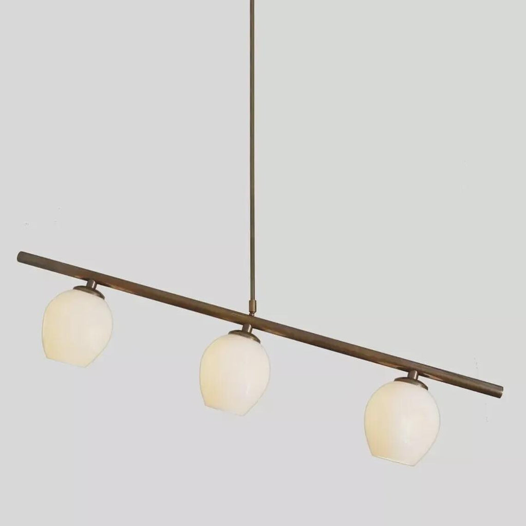 Mid Century Modern Pendant Light, 3 Opal Glass Globes, Raw Brass Finish