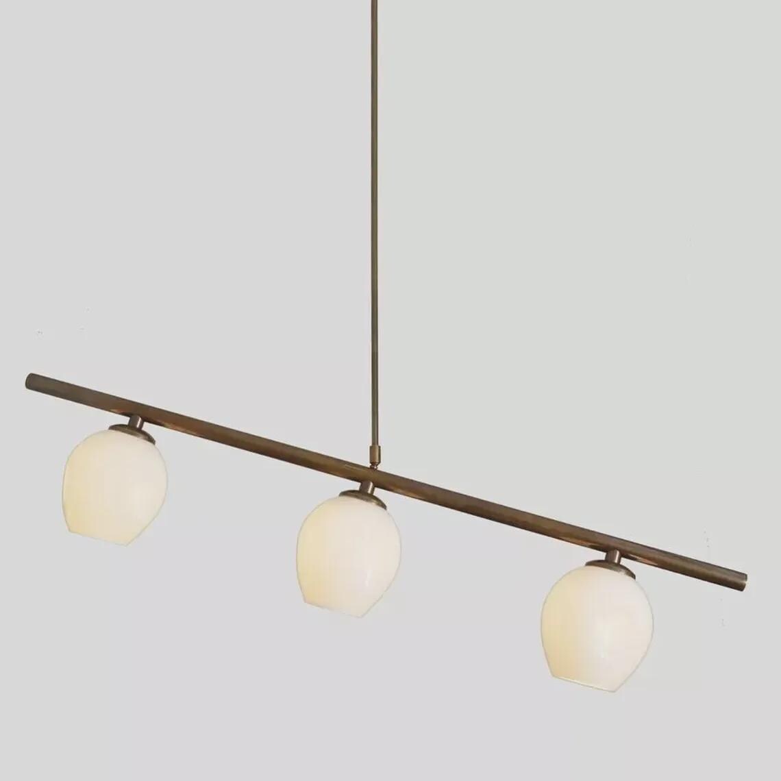 Mid Century Modern Pendant Light, 3 Opal Glass Globes, Raw Brass Finish