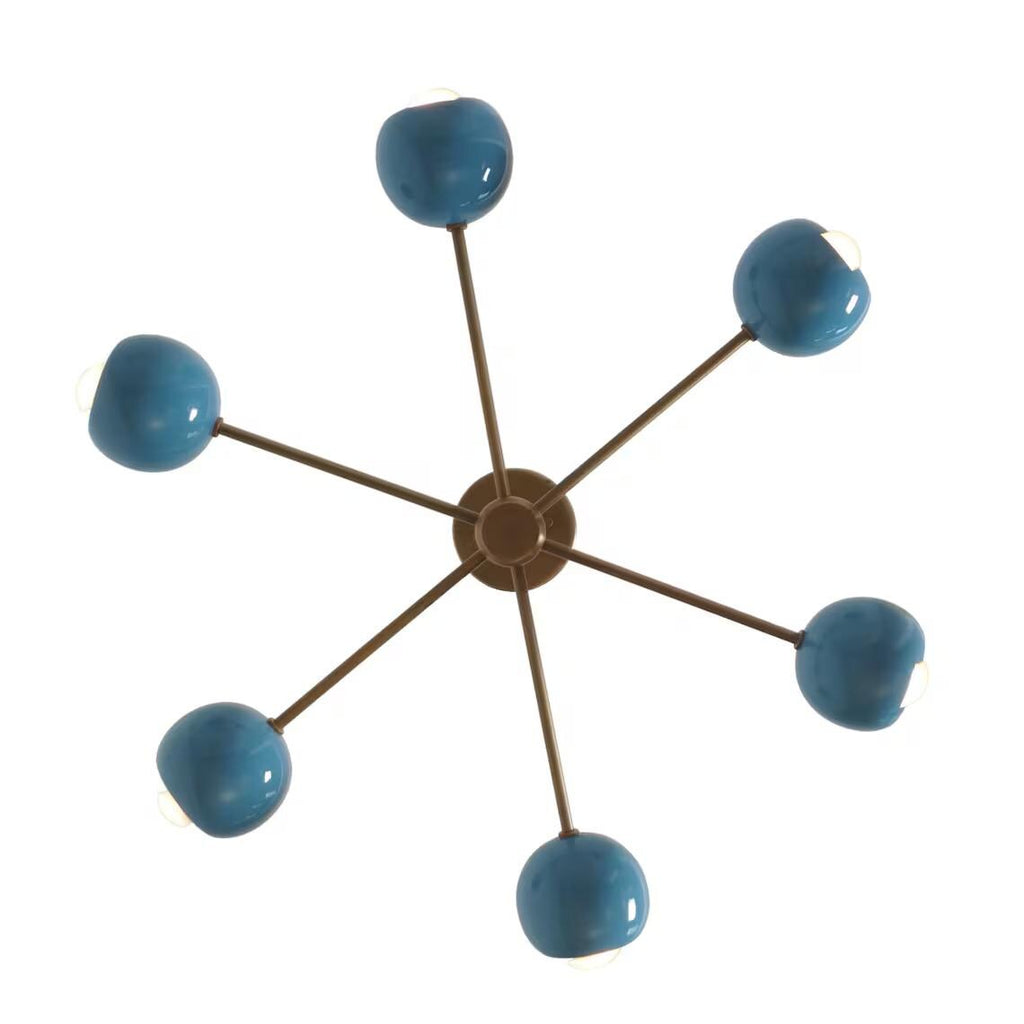 Six Arm Linen Shade Brass Chandelier Sputnik Light Fixture