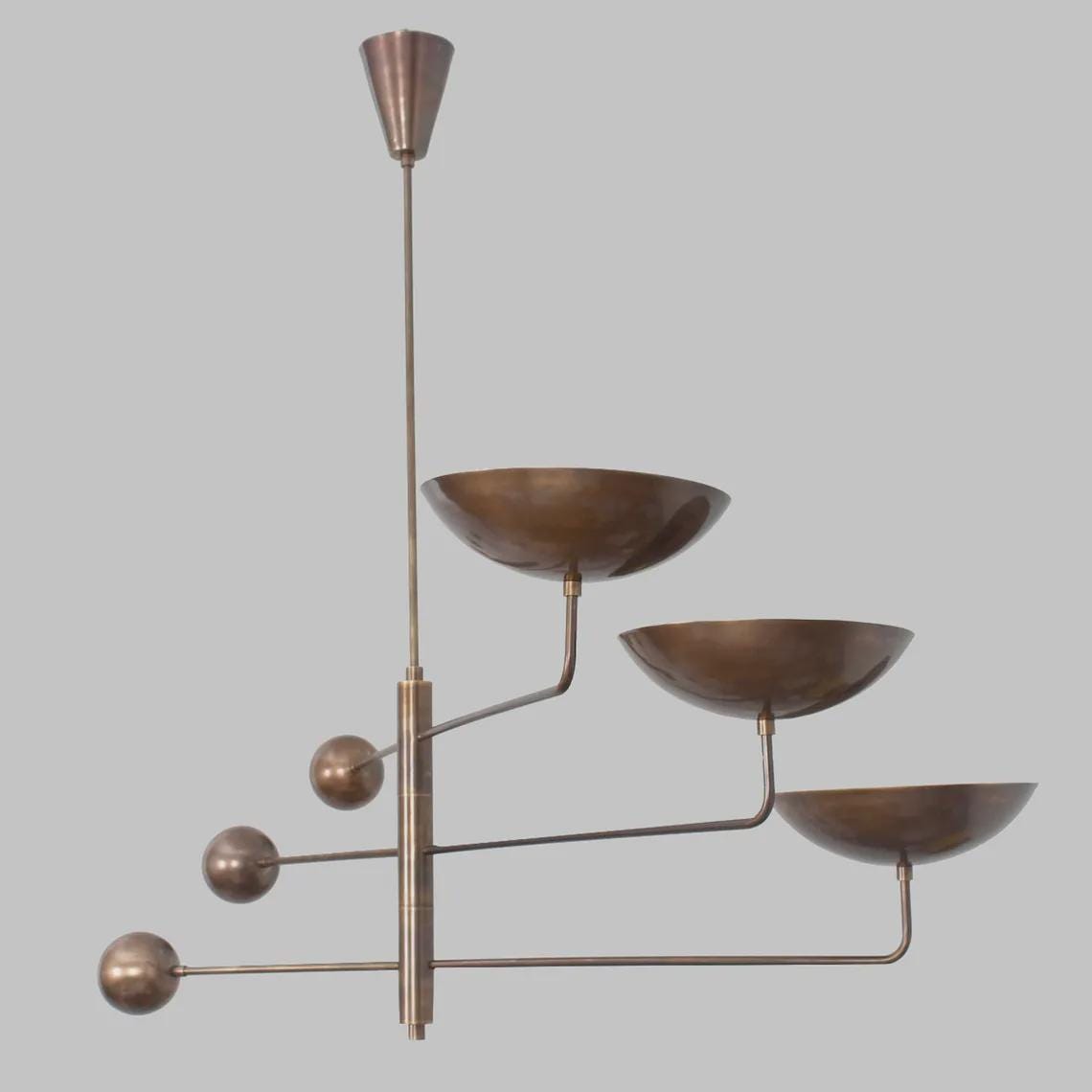 3 Light Disk Shade Pendant Mid Century Modern Patina Brass Sputnik chandelier light Fixture