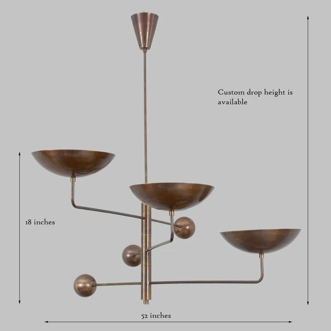 3 Light Disk Shade Pendant Mid Century Modern Patina Brass Sputnik chandelier light Fixture