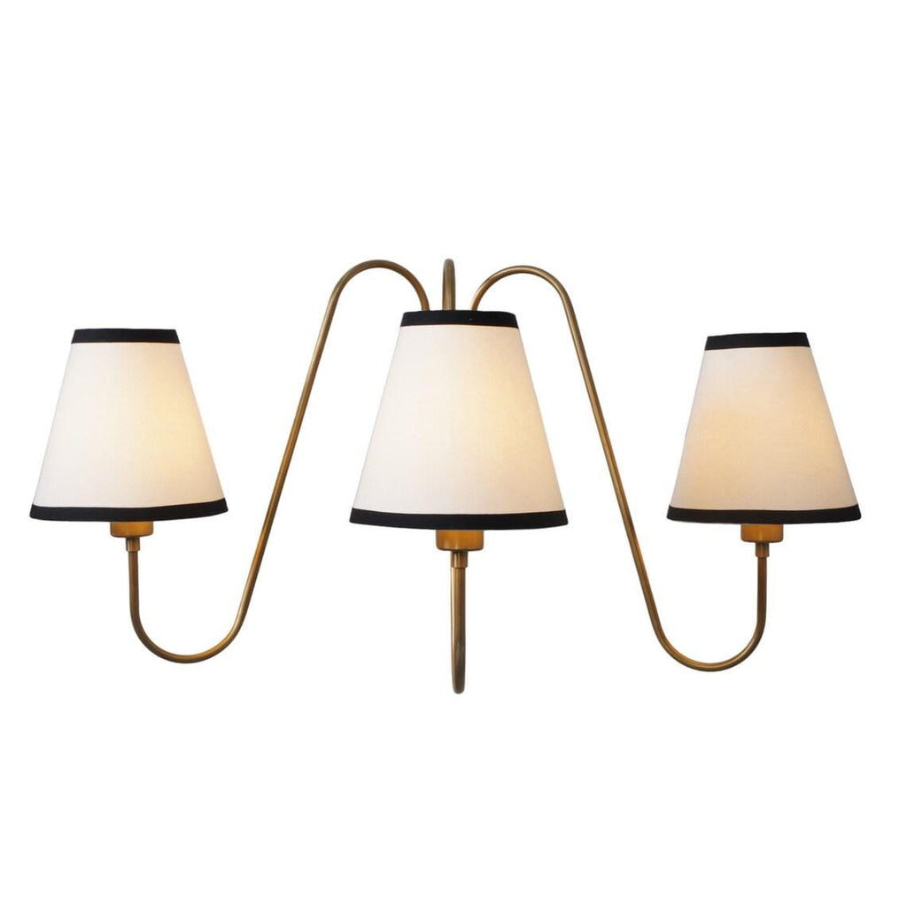 3-Light Linen Shade Raw Brass Wall Sconce with Black Fabric Shades Wall Lamp