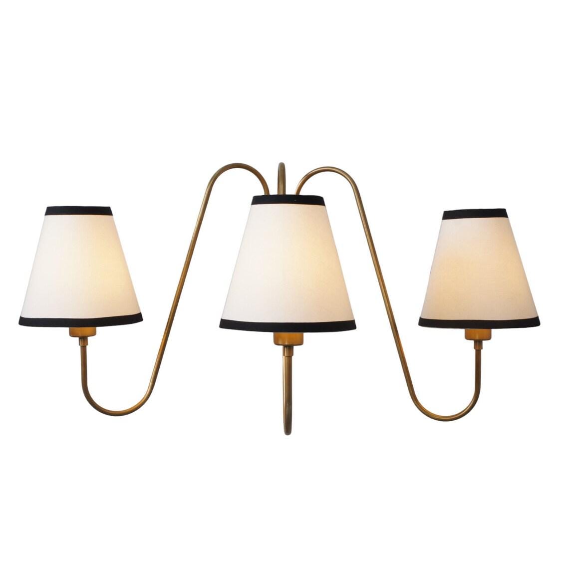 3-Light Linen Shade Raw Brass Wall Sconce with Black Fabric Shades Wall Lamp