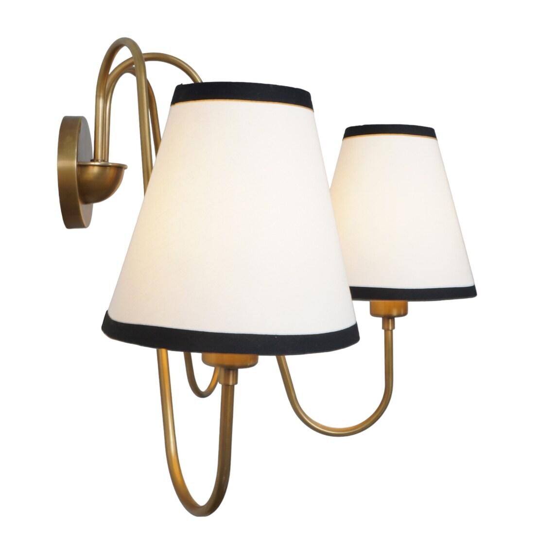3-Light Linen Shade Raw Brass Wall Sconce with Black Fabric Shades Wall Lamp