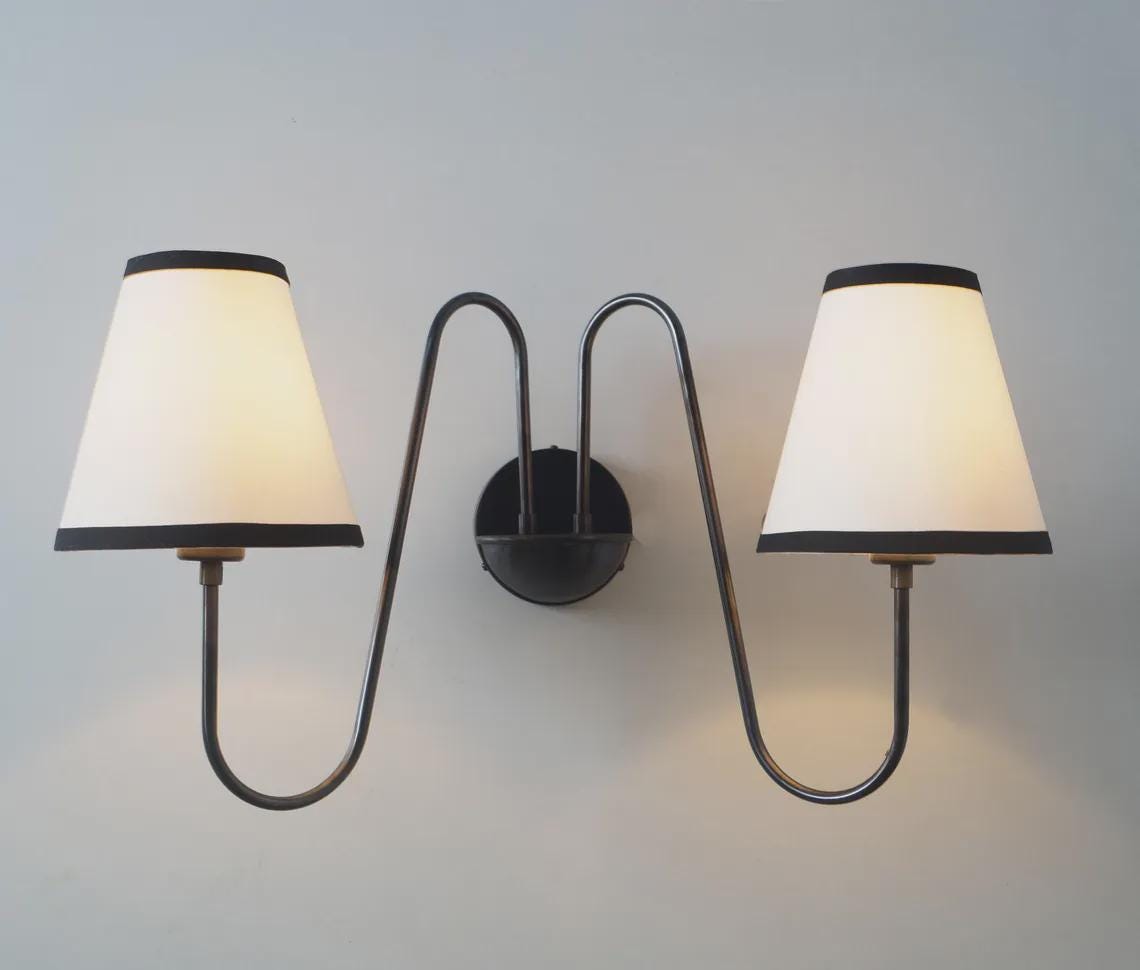 2-Light Linen Shade Raw Brass Wall Sconce with Black Fabric Shades Lamp