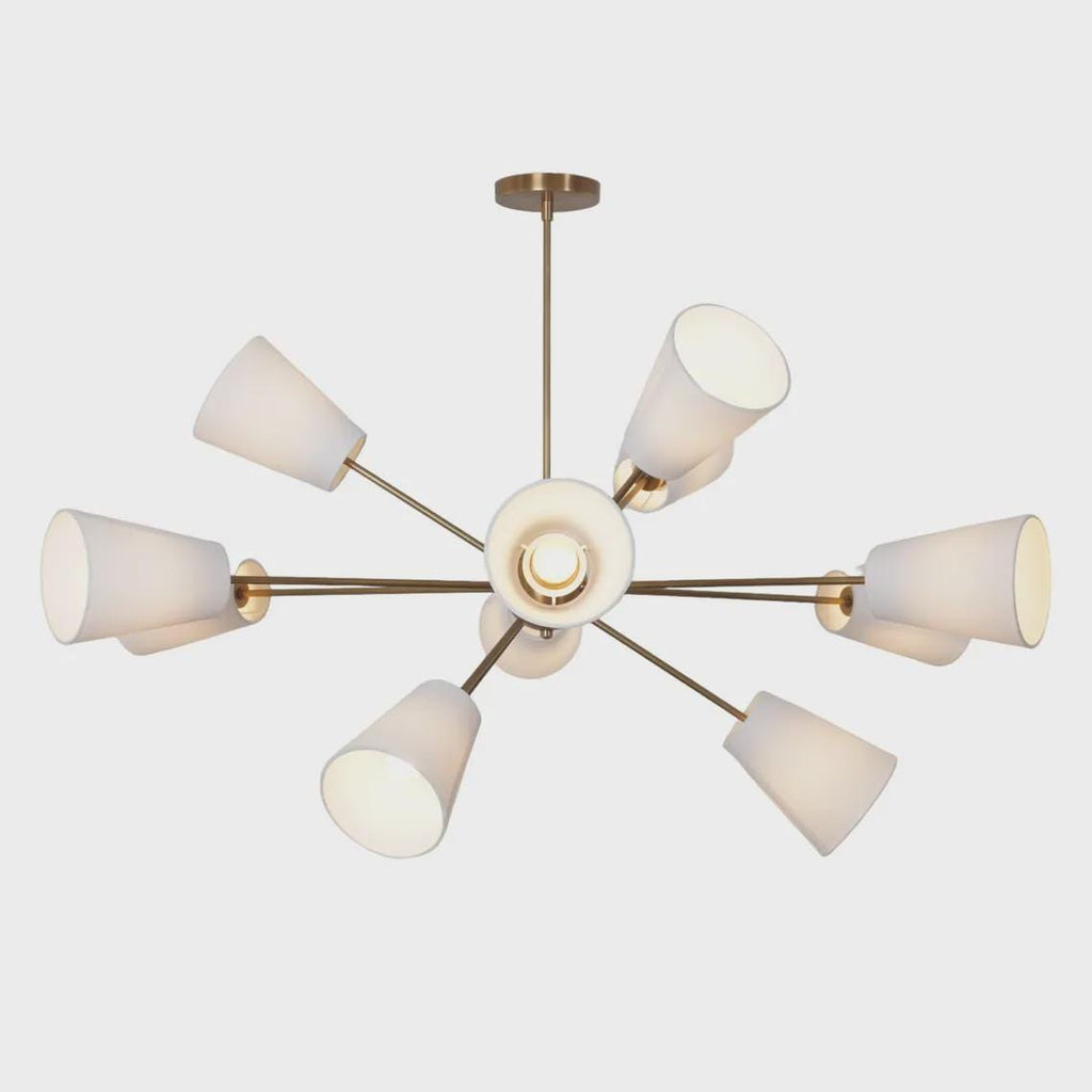 Brass Twelve Light Linen Shade Sputnik Starburst Ceiling Chandelier