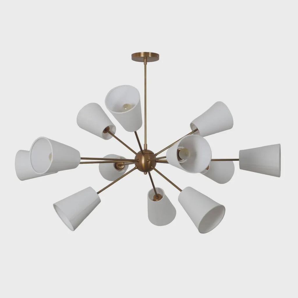 Brass Twelve Light Linen Shade Sputnik Starburst Ceiling Chandelier