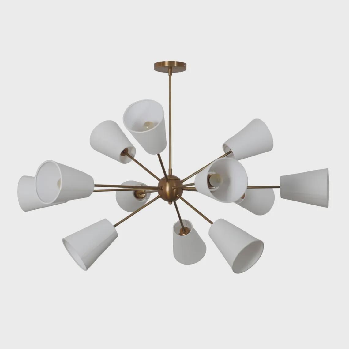 Brass Twelve Light Linen Shade Sputnik Starburst Ceiling Chandelier