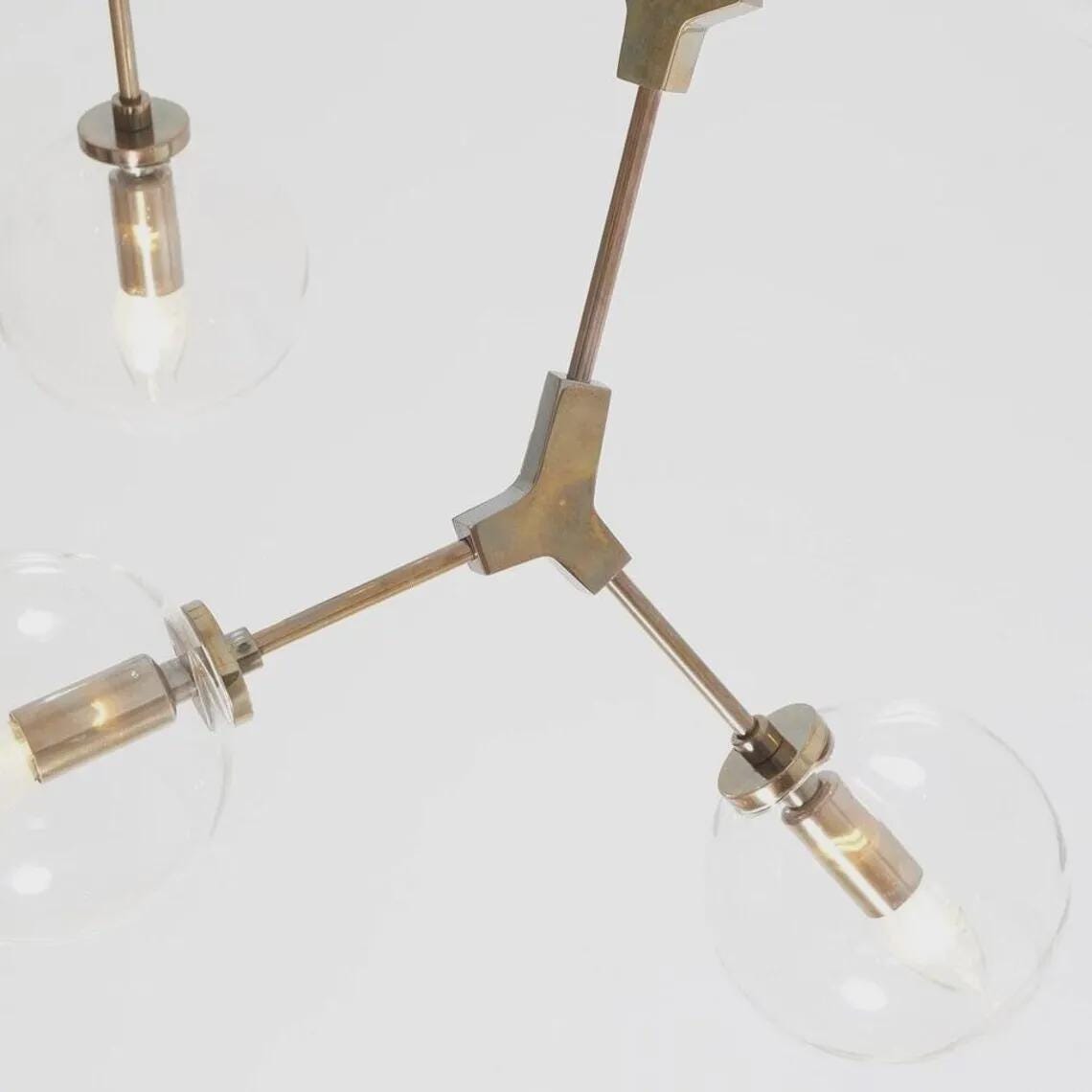 Mid Century Modern Sputnik Chandelier, Raw Brass & Glass