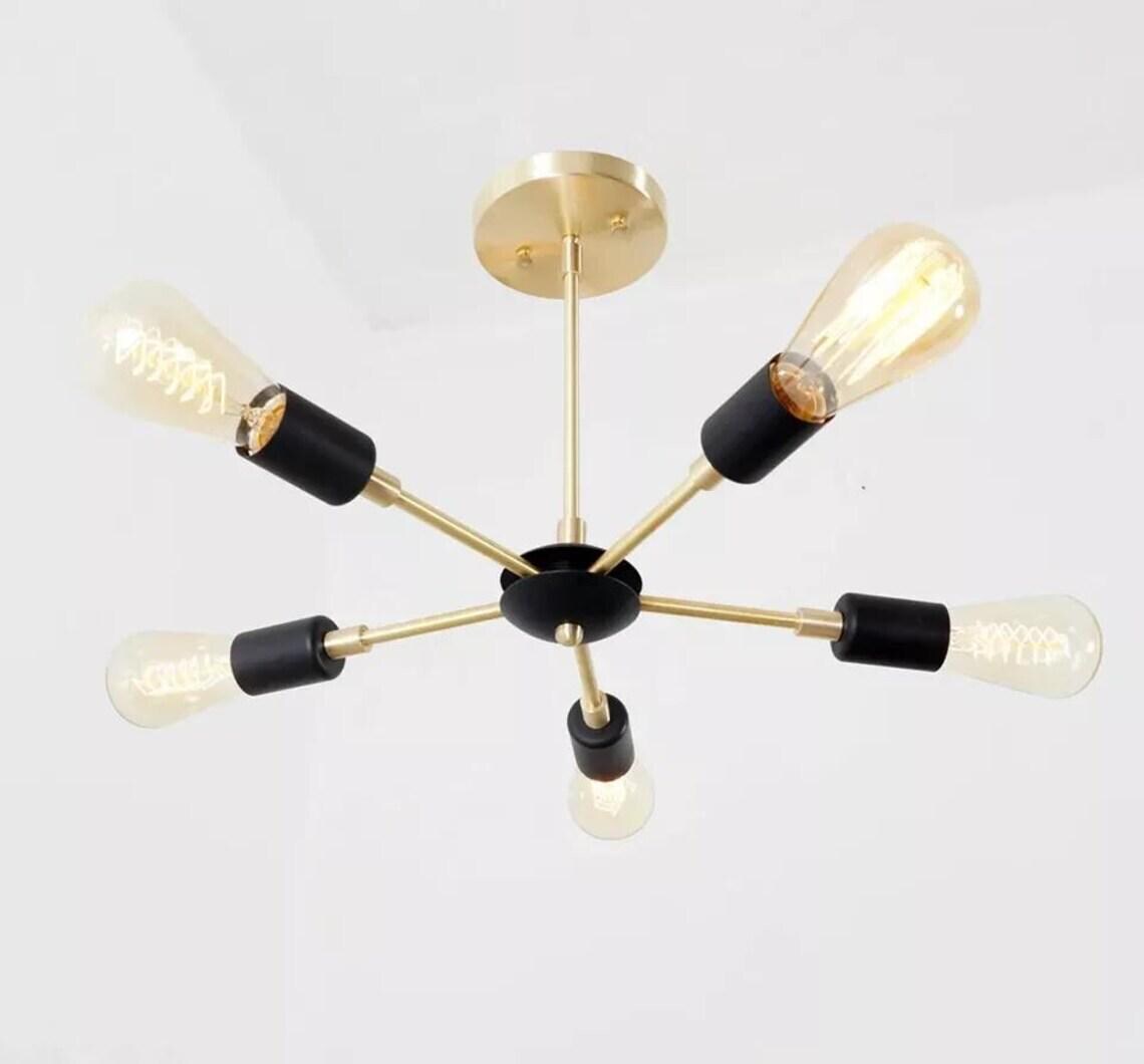 Brushed Brass Sputnik Chandelier, 5-Arm Mid-Century Light
