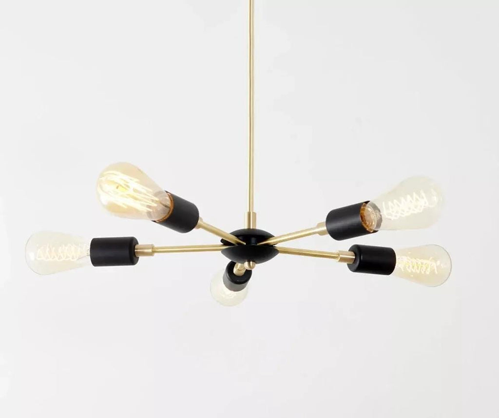 Brushed Brass Sputnik Chandelier, 5-Arm Mid-Century Light