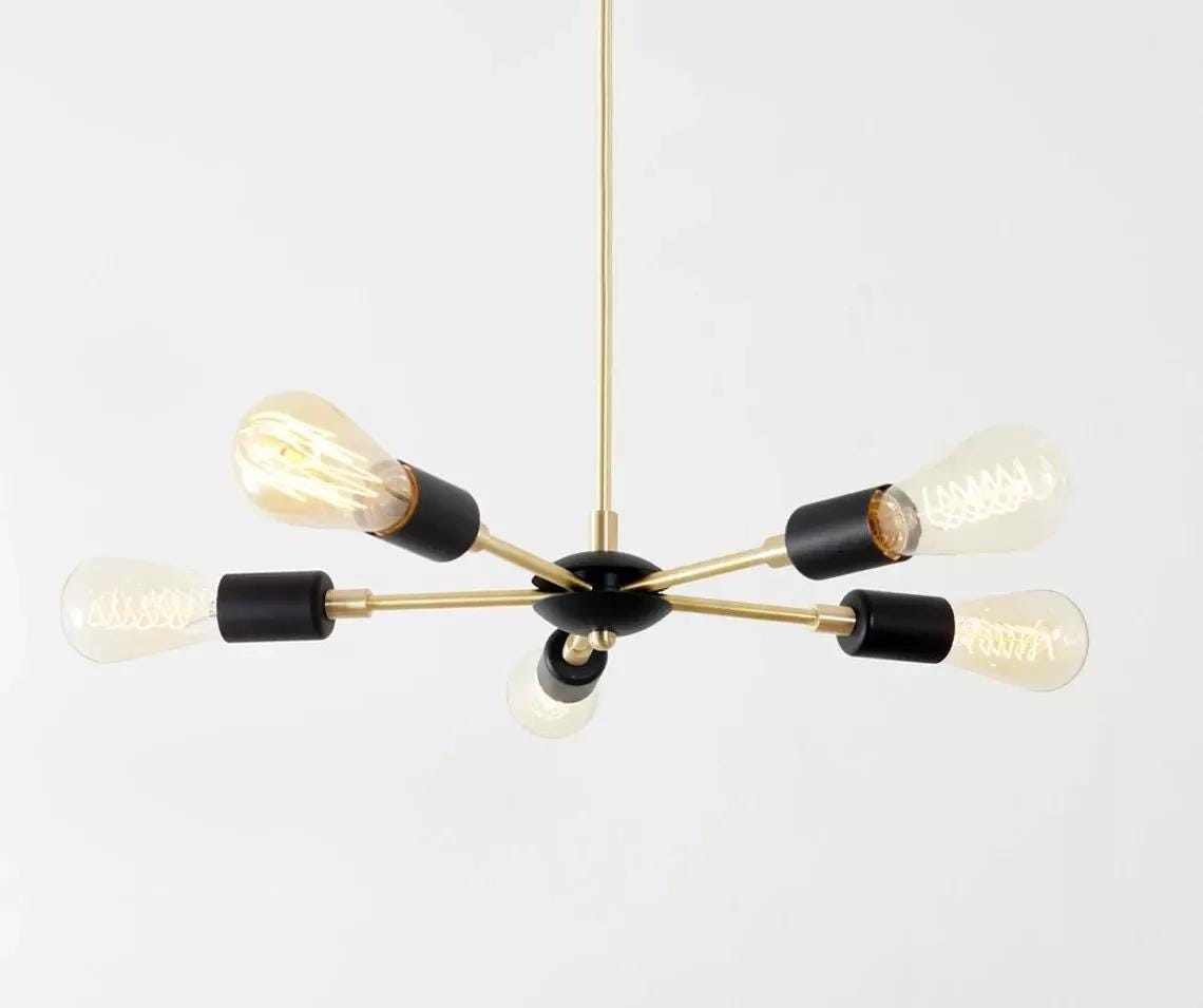 Brushed Brass Sputnik Chandelier, 5-Arm Mid-Century Light