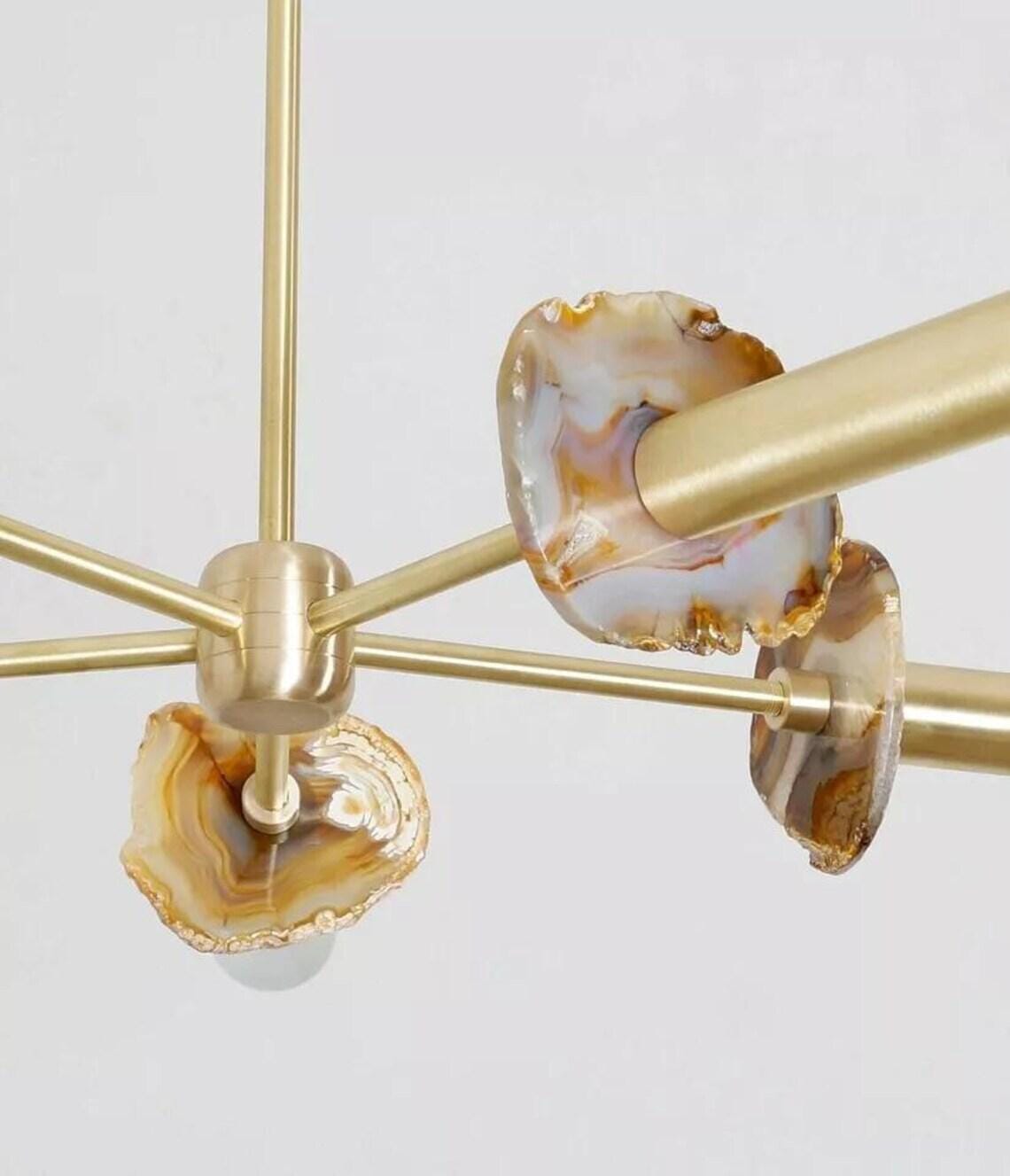 Agate Stone Sputnik Chandelier, Brushed Brass Semi Flush Mount