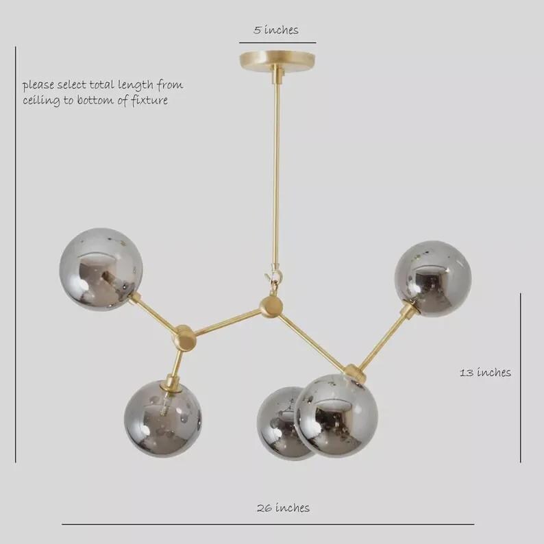5 Globe Sputnik Chandelier: Mid-Century Brushed Brass Light Fixture