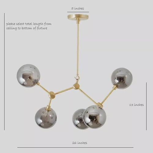 5 Globe Sputnik Chandelier: Mid-Century Brushed Brass Light Fixture