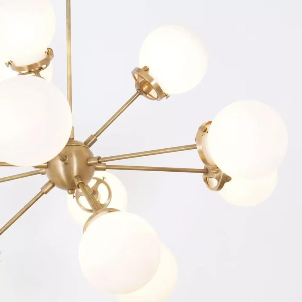 Mid Century Sputnik Chandelier: 12 Globe, Raw Brass Finish