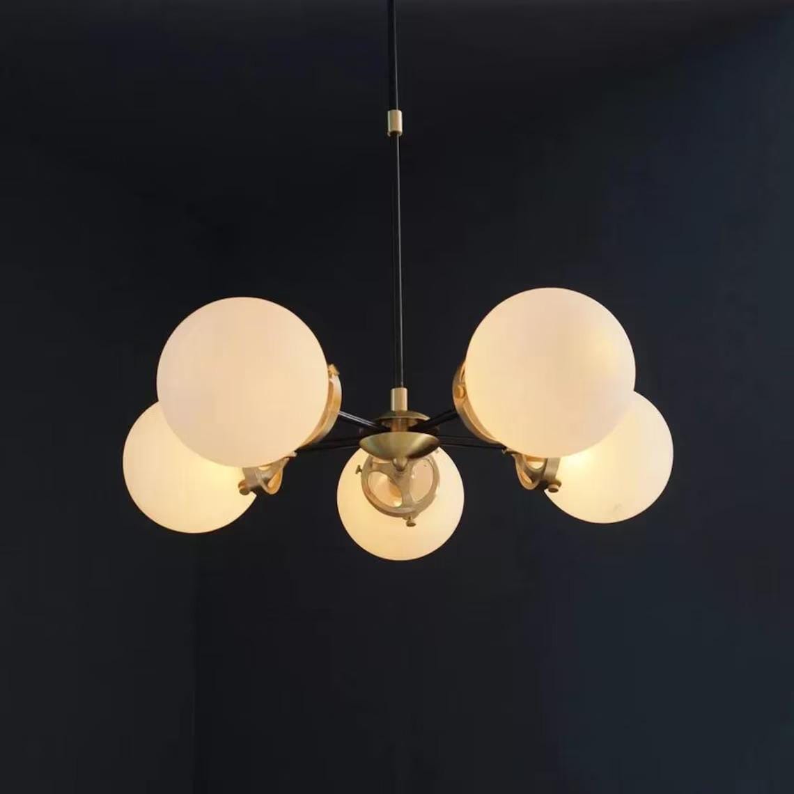 Mid Century Brass Sputnik Chandelier with 5 White Glass Globes