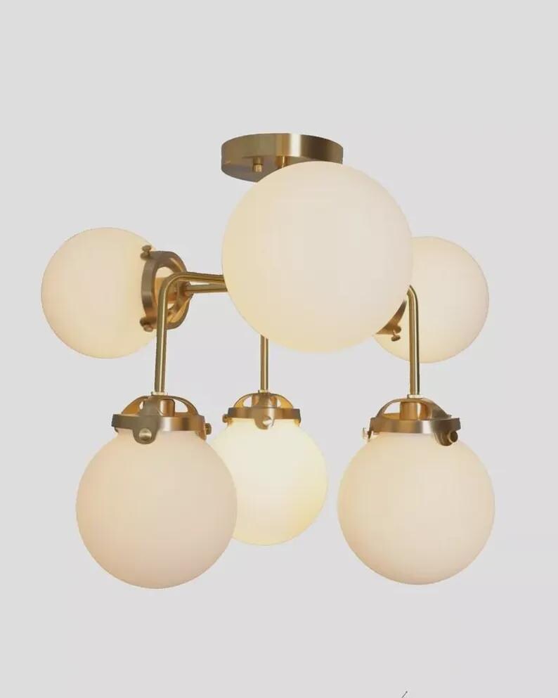 Mid-Century Sputnik Chandelier: Raw Brass, Opal Glass, 6-Light
