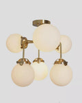 Mid-Century Sputnik Chandelier: Raw Brass, Opal Glass, 6-Light