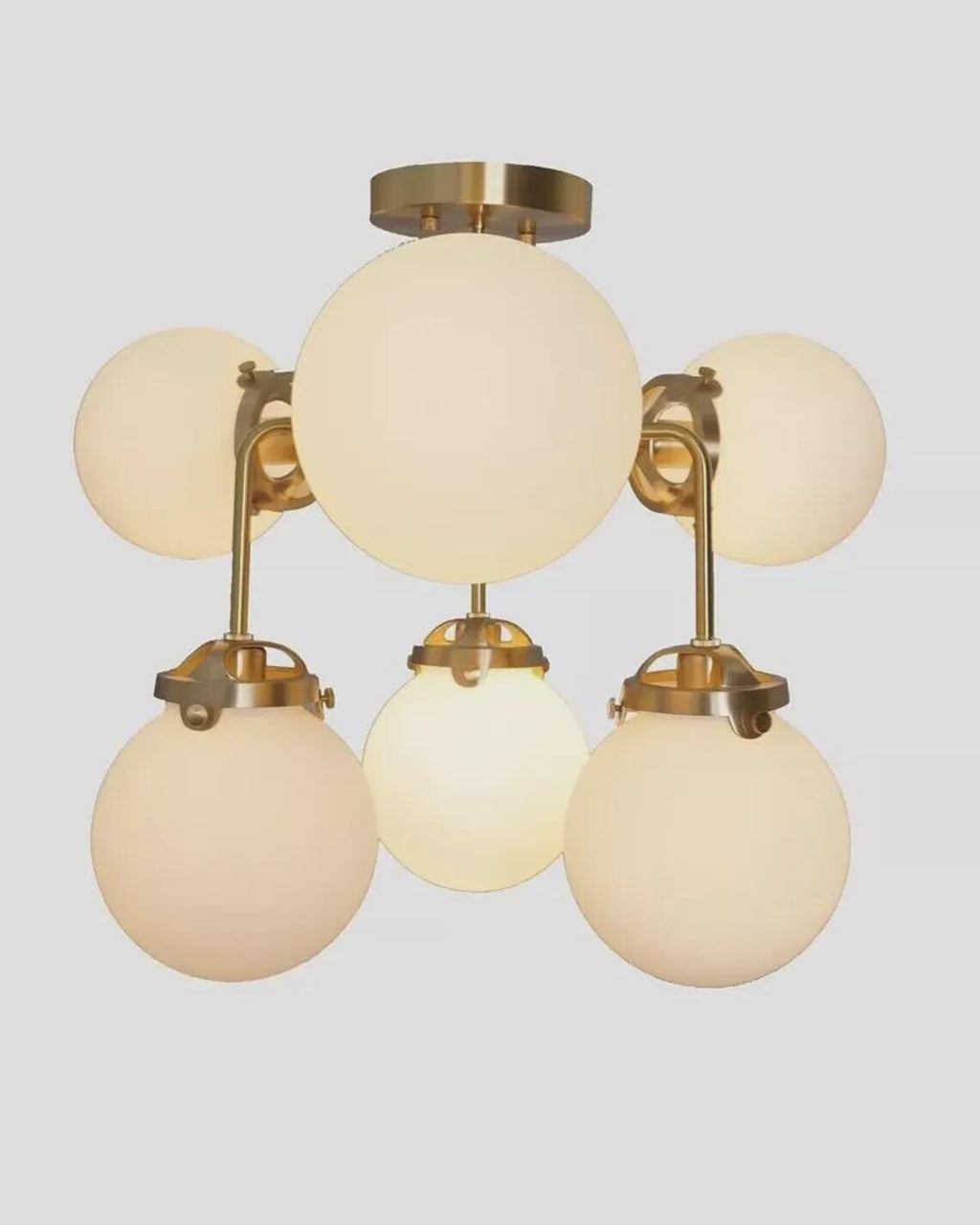 Mid-Century Sputnik Chandelier: Raw Brass, Opal Glass, 6-Light