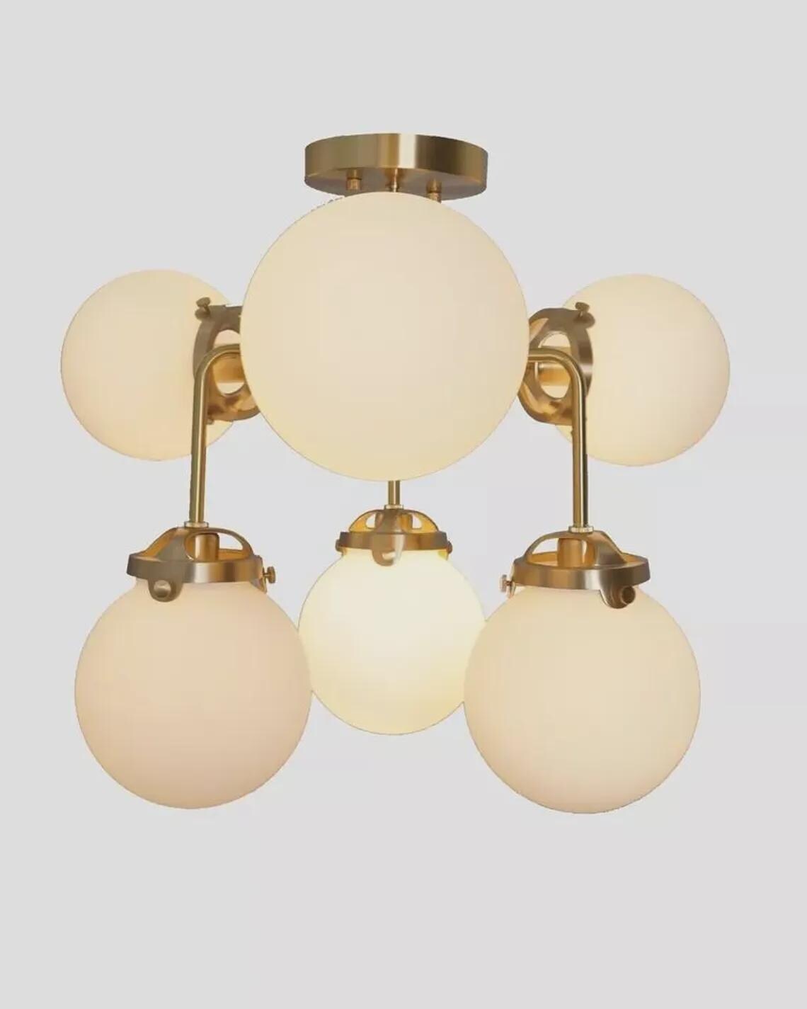 Mid-Century Sputnik Chandelier: Raw Brass, Opal Glass, 6-Light