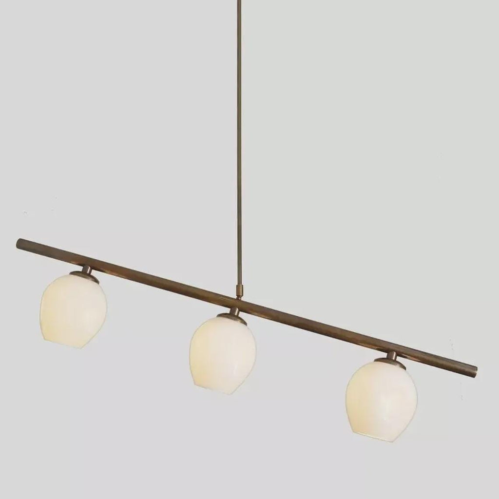 Mid Century Modern Pendant Light, 3 Opal Glass Globes, Raw Brass Finish