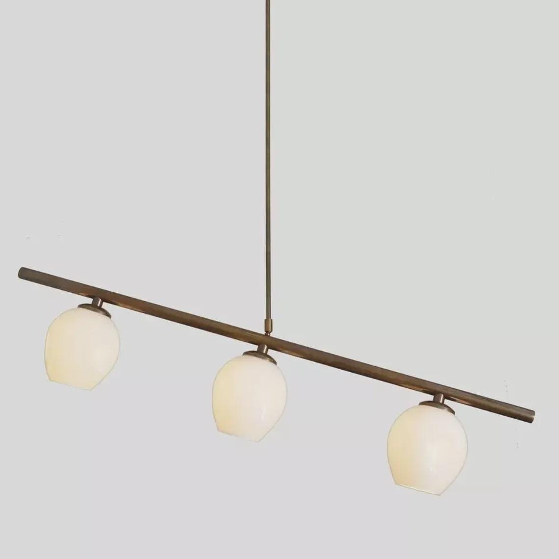 Mid Century Modern Pendant Light, 3 Opal Glass Globes, Raw Brass Finish