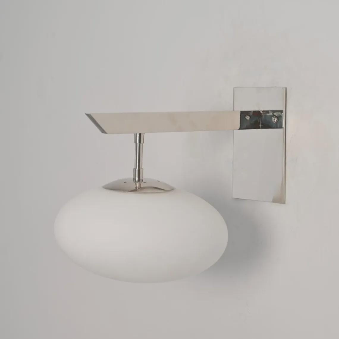 Mid Century Brass Wall Sconce – Milky Glass Globe, Horizontal Rod Lighting