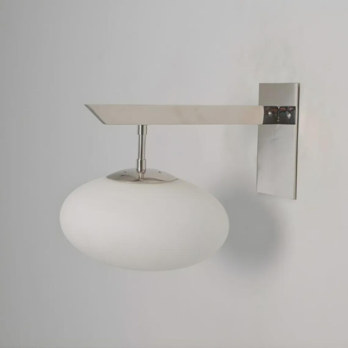 Mid Century Brass Wall Sconce – Milky Glass Globe, Horizontal Rod Lighting