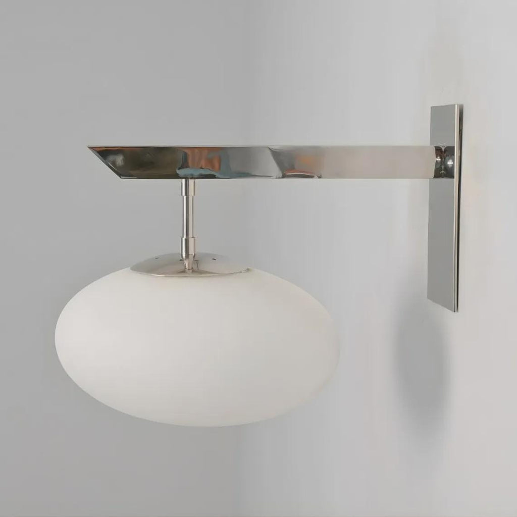 Mid Century Brass Wall Sconce – Milky Glass Globe, Horizontal Rod Lighting