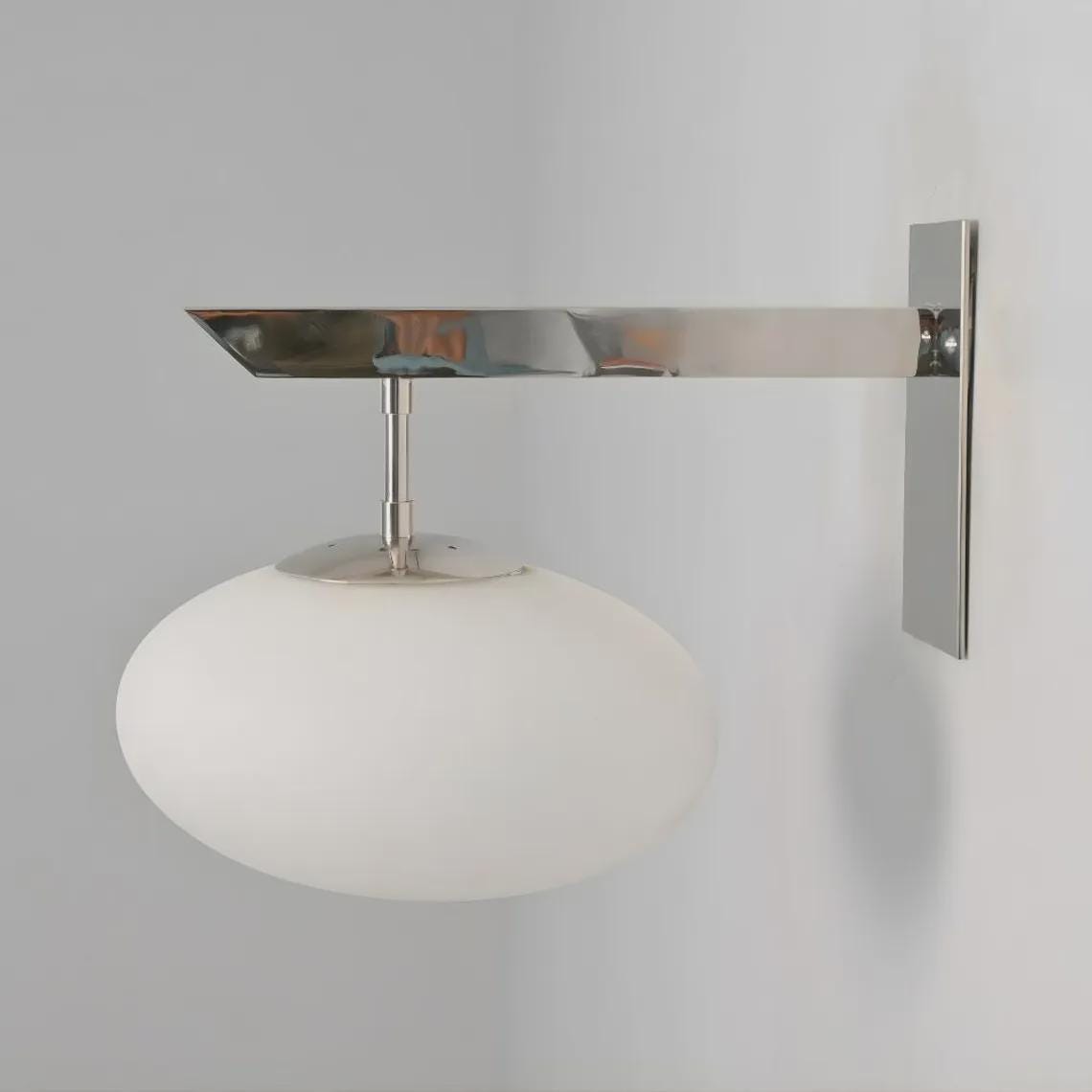 Mid Century Brass Wall Sconce – Milky Glass Globe, Horizontal Rod Lighting