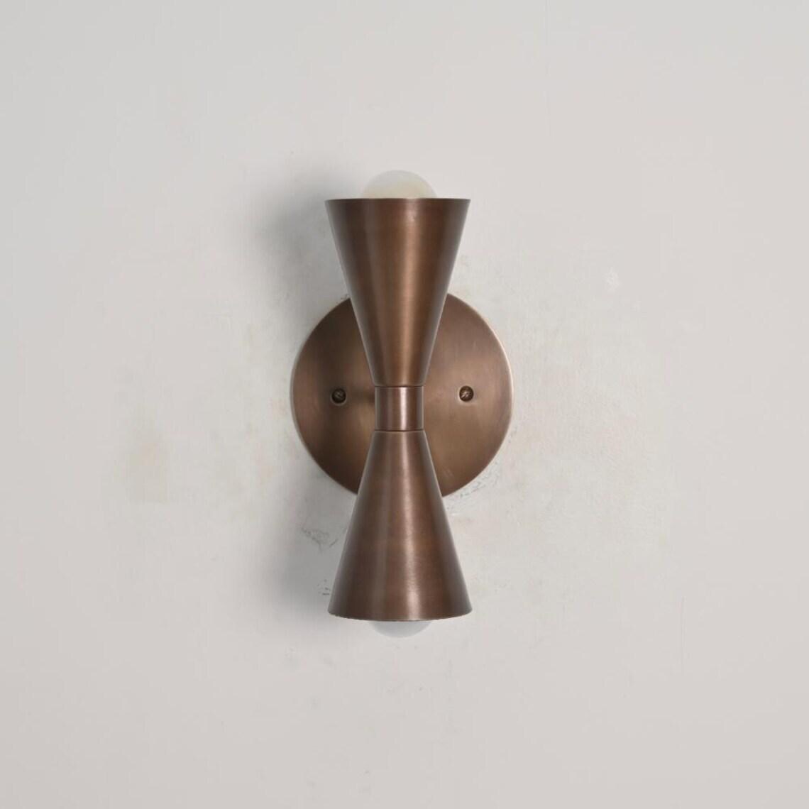 Mid Century Modern Brass Dual Cone Wall Sconce, Vintage Inspired Lighting