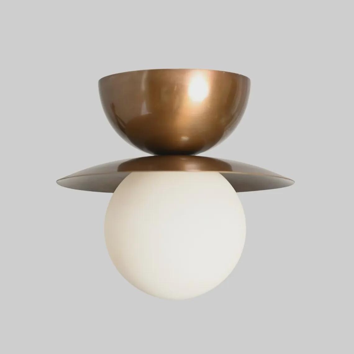 Mid Century Modern Brass Glass Globe Flush Mount Ceiling Light