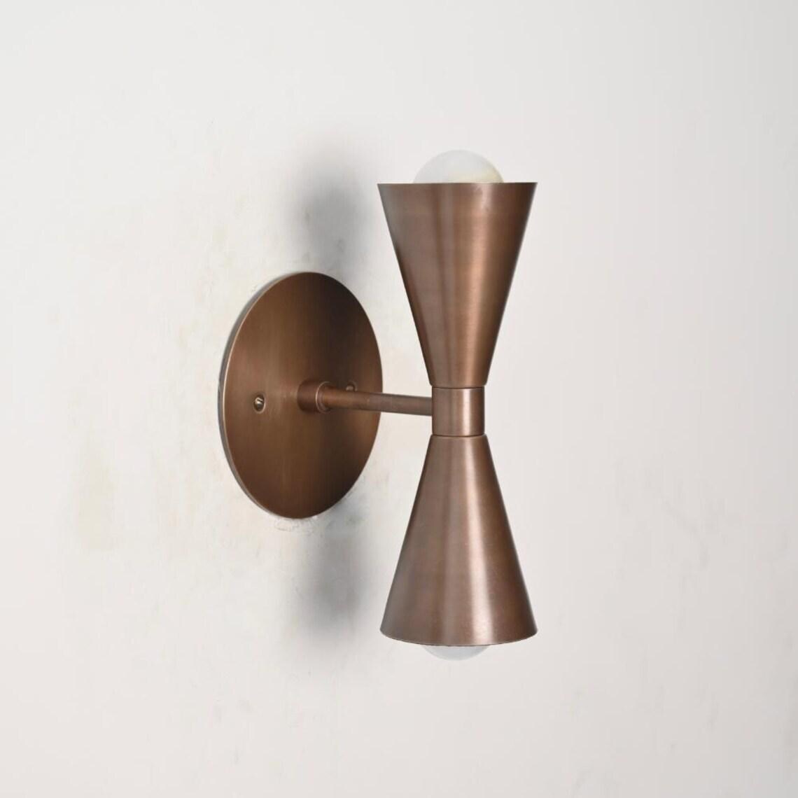Mid Century Modern Brass Dual Cone Wall Sconce, Vintage Inspired Lighting